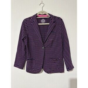 SO Women's Jr Sz L Navy Pink Striped Button Front collared blazer pockets